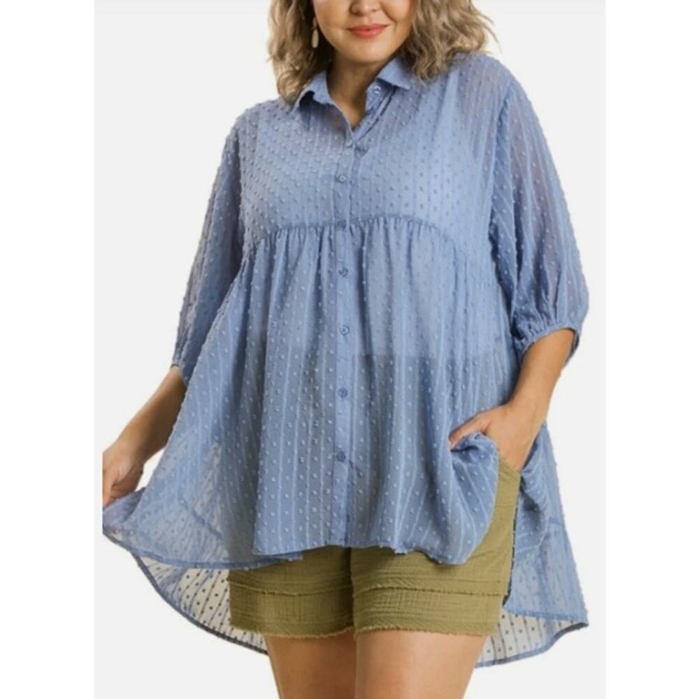 UMGEE Dusty Blue Sheer Textured Dot Tunic‎ blouse 3/4 Sleeves Size Medium
